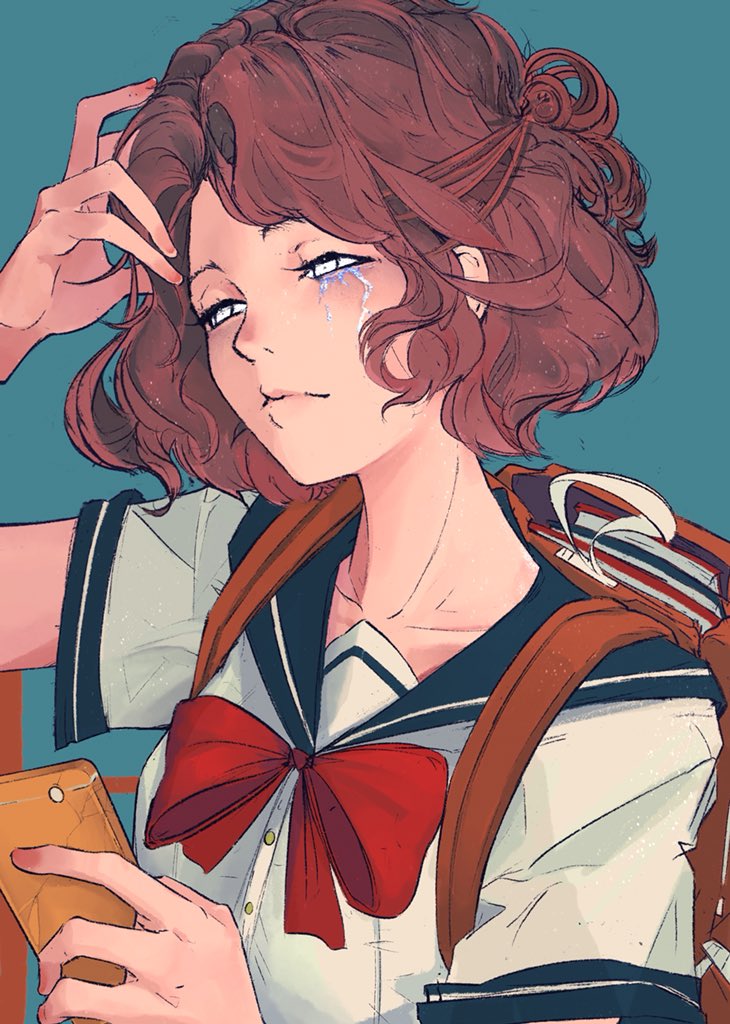 1girl aqua_background arm_up backpack bag black_sailor_collar bow brown_hair elliemaplefox holding holding_phone original phone red_bow red_neckwear sailor_collar shirt short_hair short_sleeves simple_background solo tears white_eyes white_shirt