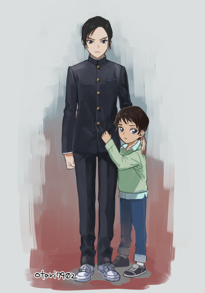 2boys angry arm_at_side bangs black_footwear black_hair black_jacket black_pants blue_eyes blue_pants blue_shirt brothers brown_hair buttons cardigan child clenched_hand closed_mouth collared_shirt commentary_request frown full_body gakuran green_cardigan grey_background hand_on_another's_shoulder hand_up indesign jacket jacket_tug looking_at_viewer male_focus meitantei_conan morofushi_takaaki multiple_boys pants school_uniform scotch_(meitantei_conan) shirt shoes short_hair siblings signature sneakers standing untucked_shirt white_footwear younger