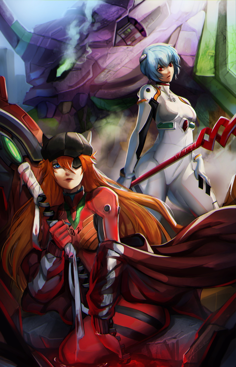 2girls ayanami_rei black_headwear blood blue_eyes blue_hair breasts eva_01 eyepatch highres lance_of_longinus looking_at_viewer mecha multiple_girls neon_genesis_evangelion orange_hair plugsuit red_eyes souryuu_asuka_langley xuuikie_ashe