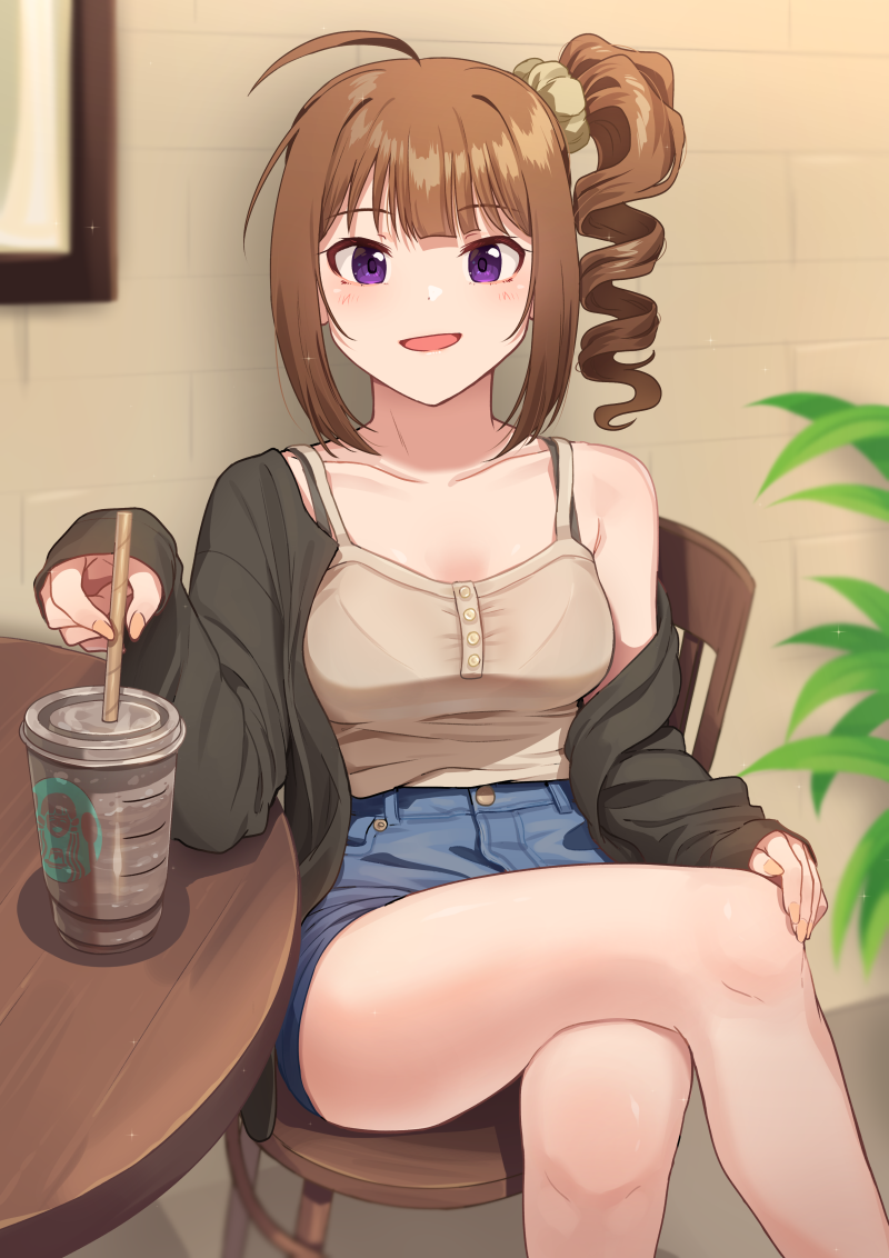 1girl ahoge bare_shoulders black_jacket breasts brown_hair casual collarbone crossed_legs cup denim denim_shorts disposable_cup drill_hair eyebrows_visible_through_hair hair_ornament hair_scrunchie hand_on_own_knee idolmaster idolmaster_million_live! idolmaster_million_live!_theater_days jacket kamille_(vcx68) long_hair long_sleeves looking_at_viewer medium_breasts on_chair open_mouth plant scrunchie shorts side_drill side_ponytail sitting sleeves_past_wrists solo table tank_top violet_eyes yokoyama_nao