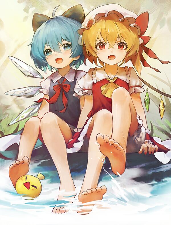 2girls ahoge ascot bare_legs barefoot bloomers blue_bow blue_dress bow bowtie cirno commentary_request commission dress fang flandre_scarlet hair_between_eyes hair_bow hat hat_bow ice ice_wings miniskirt mob_cap multiple_girls open_mouth red_bow red_neckwear red_skirt red_vest short_hair sitting siyumu skin_fang skirt smile soles splashing toes touhou underwear vest water white_headwear wings wrist_cuffs yellow_neckwear