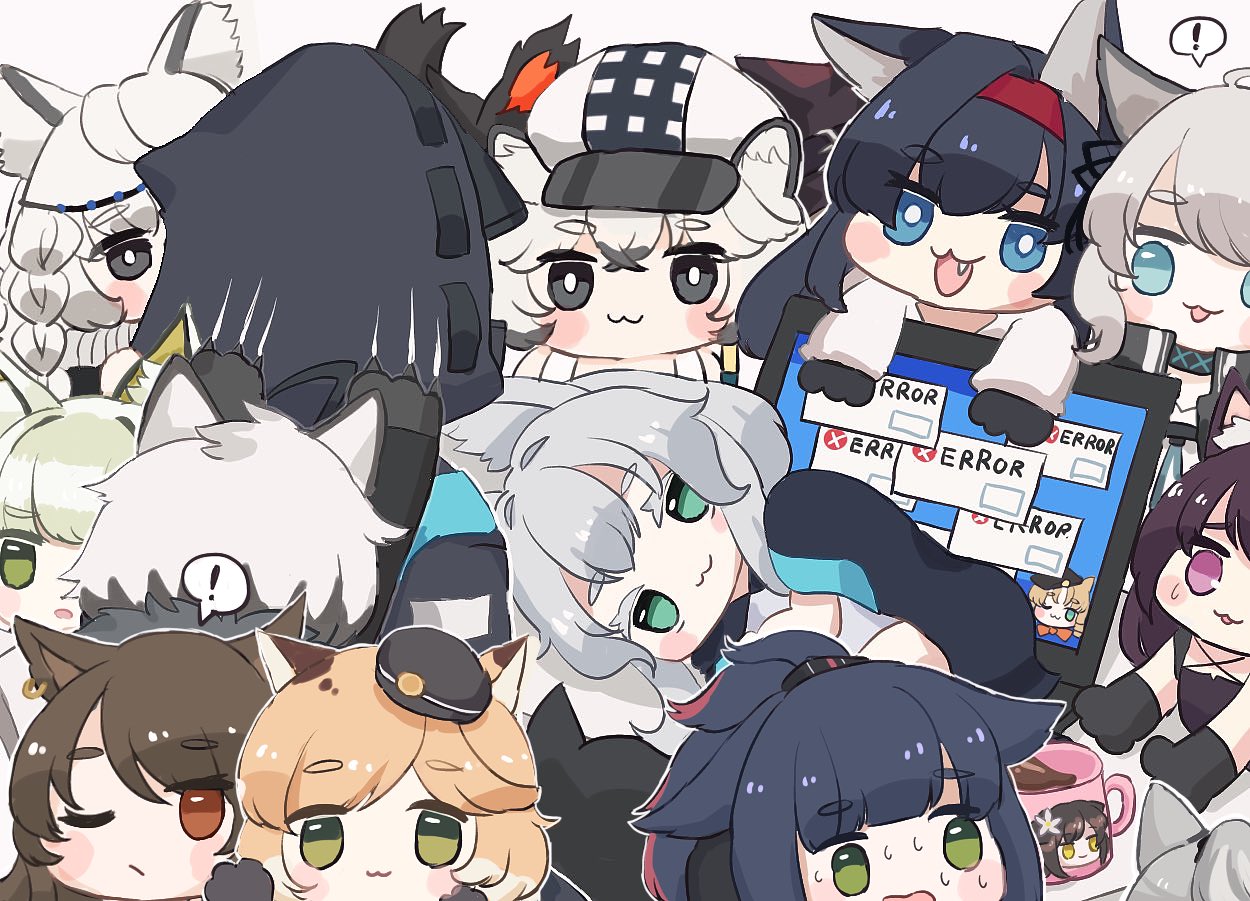 ! 1other 2boys 6+girls :3 :d aak_(arknights) ambiguous_gender animal_ear_fluff animal_ears arknights bangs black_cape black_footwear black_gloves black_hair black_headwear black_jacket blaze_(arknights) blonde_hair blue_eyes boots braid brown_background cabbie_hat cameo cape cat_ears chibi cliffheart_(arknights) closed_mouth colored_eyelashes computer cup doctor_(arknights) error_message eyebrows_visible_through_hair fang flower folinic_(arknights) fur-trimmed_cape fur_trim gloves green_eyes green_hair grey_eyes grey_hair hair_flower hair_ornament hairband hat haze_(arknights) hood hood_up hooded_jacket jacket jessica_(arknights) kal'tsit_(arknights) laptop leopard_ears long_hair lying melantha_(arknights) minigirl mint_(arknights) mousse_(arknights) mug multicolored_hair multiple_boys multiple_girls on_side one_eye_closed open_clothes open_jacket open_mouth parted_lips paw_gloves paws phantom_(arknights) ponytail pramanix_(arknights) purple_hair red_hairband redhead rosmontis_(arknights) schwarz_(arknights) shirt shoe_soles silverash_(arknights) simple_background skyfire_(arknights) smile someyaya spoken_exclamation_mark streaked_hair sweat swire_(arknights) thick_eyebrows very_long_hair violet_eyes white_hair white_headwear white_jacket white_shirt witch_hat yellow_eyes