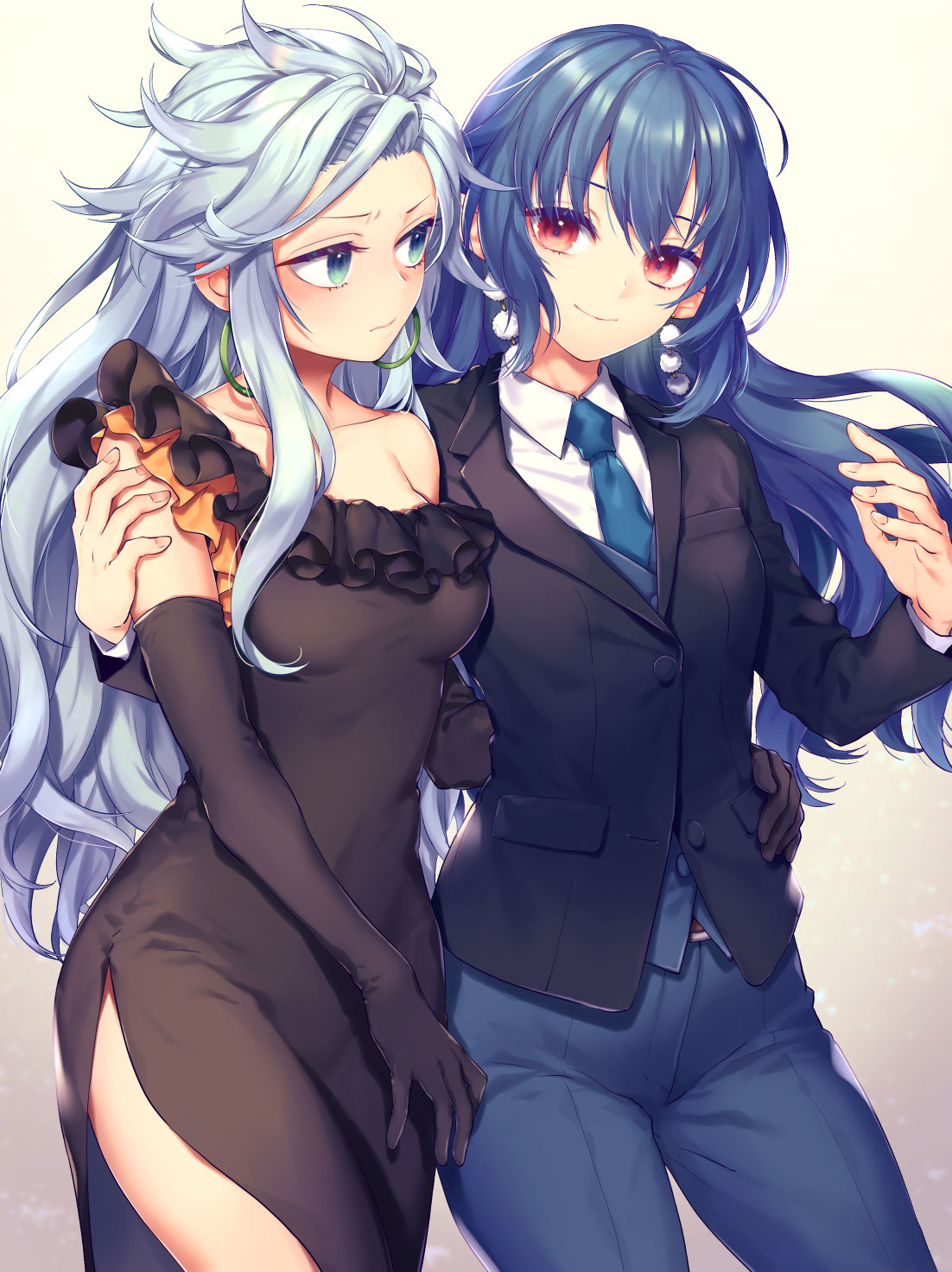2girls alternate_costume armpit_crease bangs black_dress black_gloves blazer blue_necktie blue_neckwear blue_pants blue_vest blush breasts buttons collared_shirt commentary_request commission dark_blue_hair dress earrings elbow_gloves fingernails formal frilled_dress frills gloves gradient gradient_background grey_background hand_on_another's_shoulder hand_on_another's_waist highres himemushi_momoyo iizunamaru_megumu jacket jewelry large_breasts light_blue_eyes light_blue_hair lips long_hair long_sleeves looking_at_another multiple_girls necktie pants pocket pointy_ears pom_pom_(clothes) red_eyes shiny shiny_hair shirt side_slit sidelocks skeb_commission smile standing suit_jacket thighs tomobe_kinuko touhou vest white_shirt wing_collar