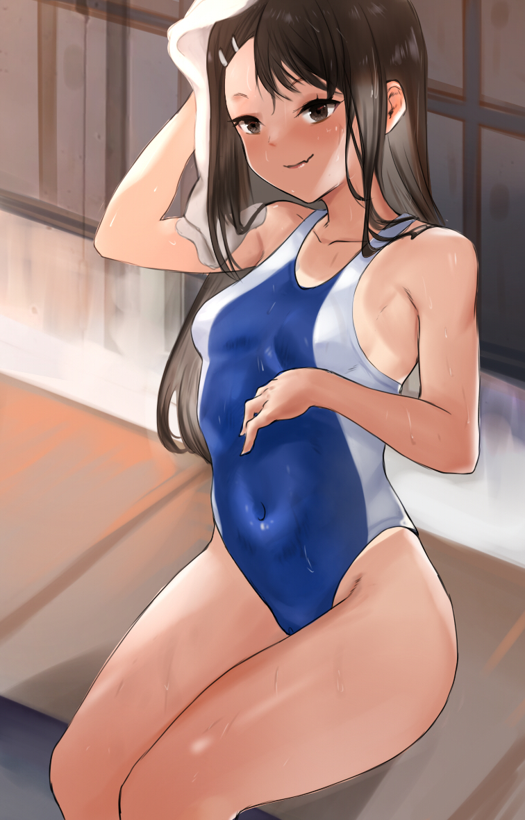 1girl black_hair blue_swimsuit breasts brown_eyes competition_swimsuit covered_navel cowboy_shot dark_skin fang hair_ornament hairclip ijiranaide_nagatoro-san long_hair nagatoro_hayase one-piece_swimsuit one-piece_tan raeran school_uniform sitting skin_fang small_breasts smile solo swimsuit tan tanline towel white_towel