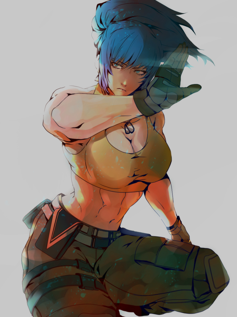 1girl abs ammunition_pouch armlet bare_shoulders belt blue_eyes blue_hair breasts camouflage camouflage_pants dog_tags earrings eyes gloves jewelry large_breasts leona_heidern midriff military military_uniform mojyavoltage6 muscular muscular_female pants ponytail pouch sleeveless solo squatting tank_top the_king_of_fighters the_king_of_fighters_xiv the_king_of_fighters_xv triangle_earrings uniform yellow_tank_top