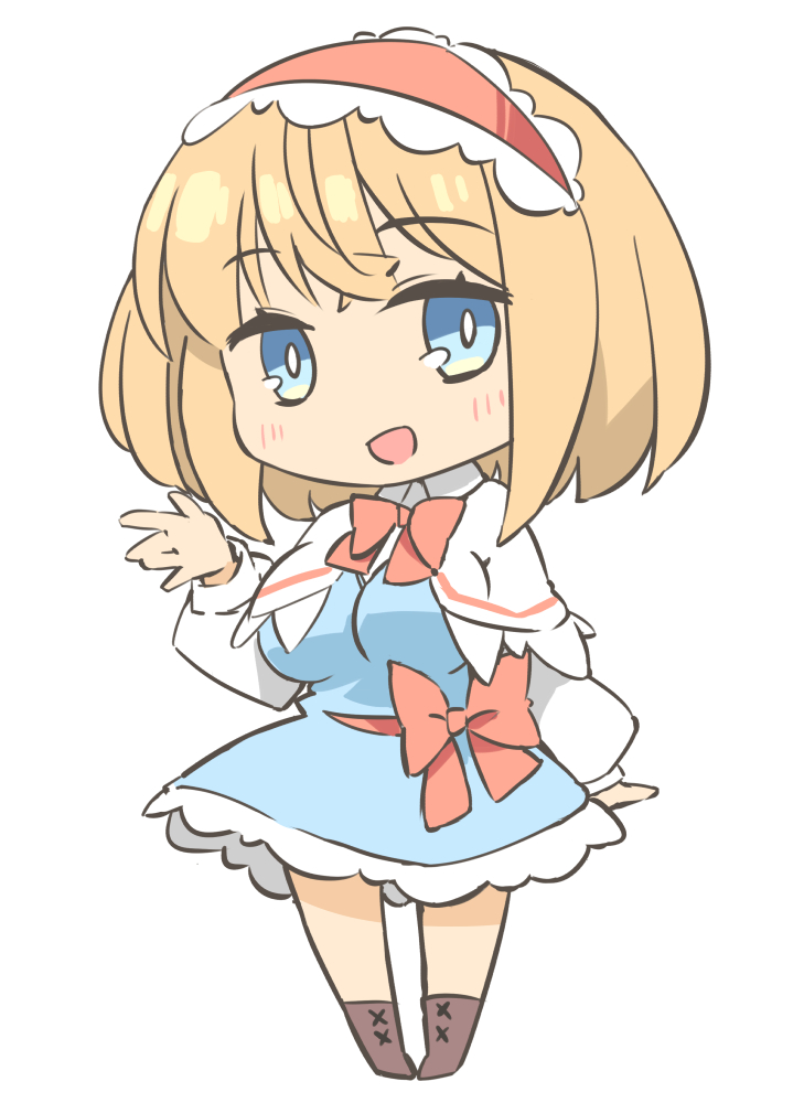 1girl alice_margatroid arnest blonde_hair blue_dress blue_eyes blush boots bow bowtie breasts bright_pupils brown_footwear capelet chibi dress frilled_hairband frills full_body hairband hand_up long_sleeves looking_at_viewer medium_breasts open_mouth red_bow red_hairband red_neckwear shirt short_hair simple_background smile solo touhou white_background white_capelet white_shirt