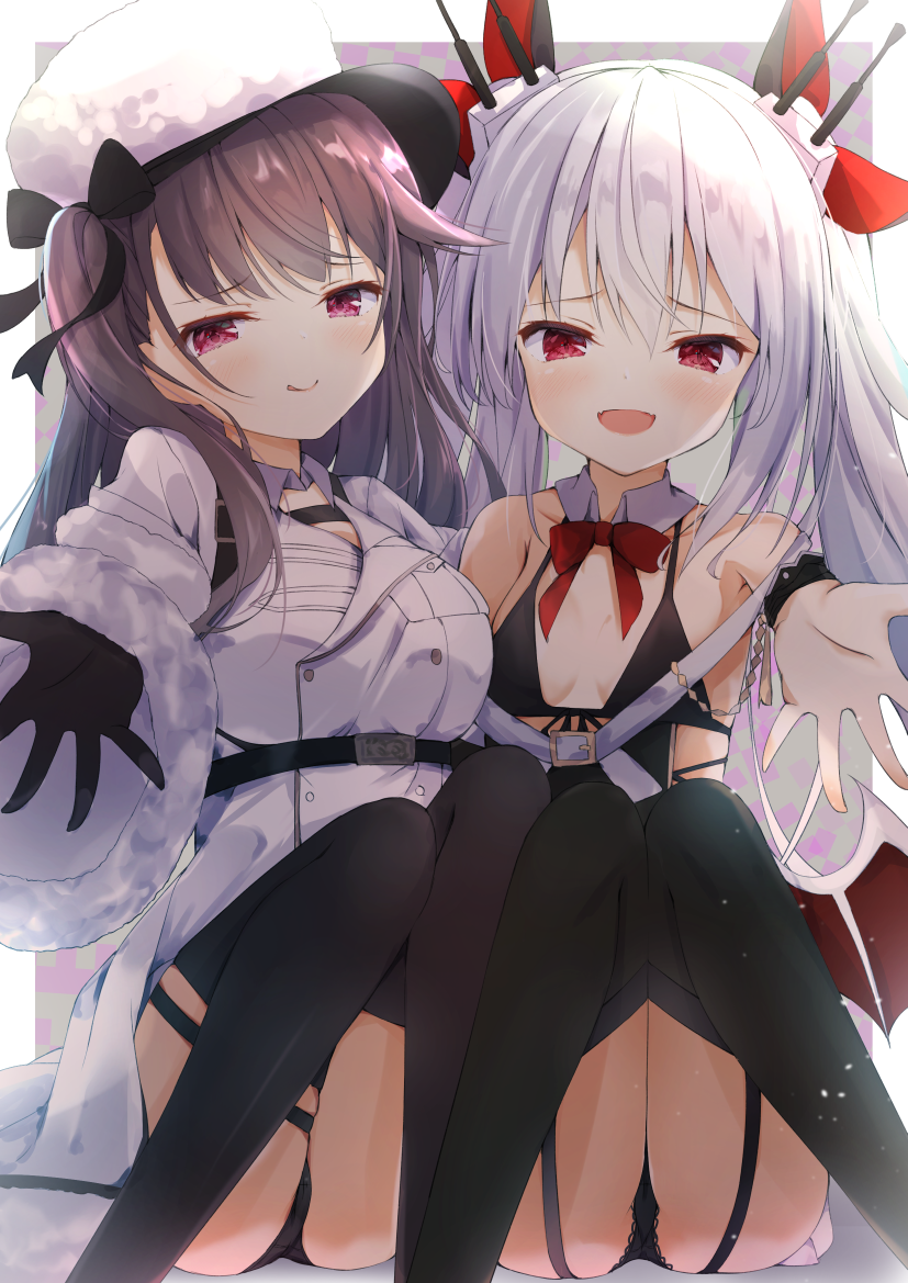 2girls azur_lane bare_shoulders black_hair black_legwear black_panties blush breasts detached_sleeves garter_straps hair_ornament hair_ribbon hat lace lace_panties large_breasts long_hair looking_at_viewer madotsukumo multiple_girls open_mouth pamiat_merkuria_(azur_lane) panties pantyshot reaching_out red_eyes ribbon silver_hair small_breasts smile smirk thigh-highs two_side_up underwear vampire_(azur_lane)