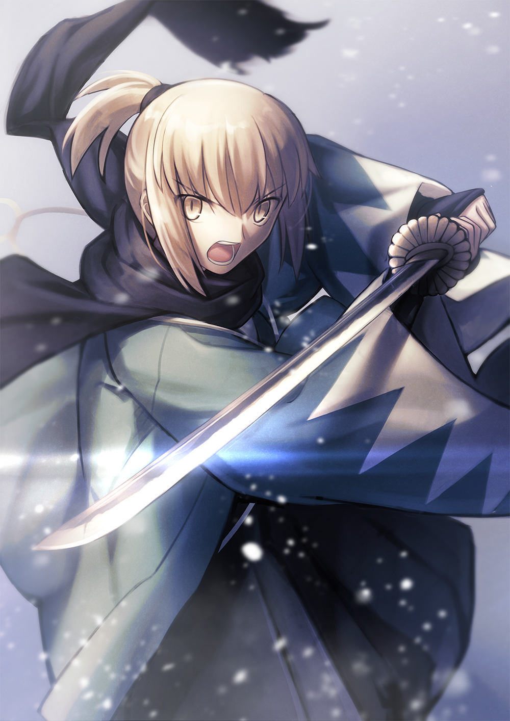 1girl black_scarf blonde_hair fate/grand_order fate_(series) grey_background hair_between_eyes haori highres japanese_clothes katana looking_at_viewer migiha okita_souji_(fate) okita_souji_(fate)_(all) open_mouth scarf shinsengumi solo sword teeth tongue type-moon weapon yellow_eyes