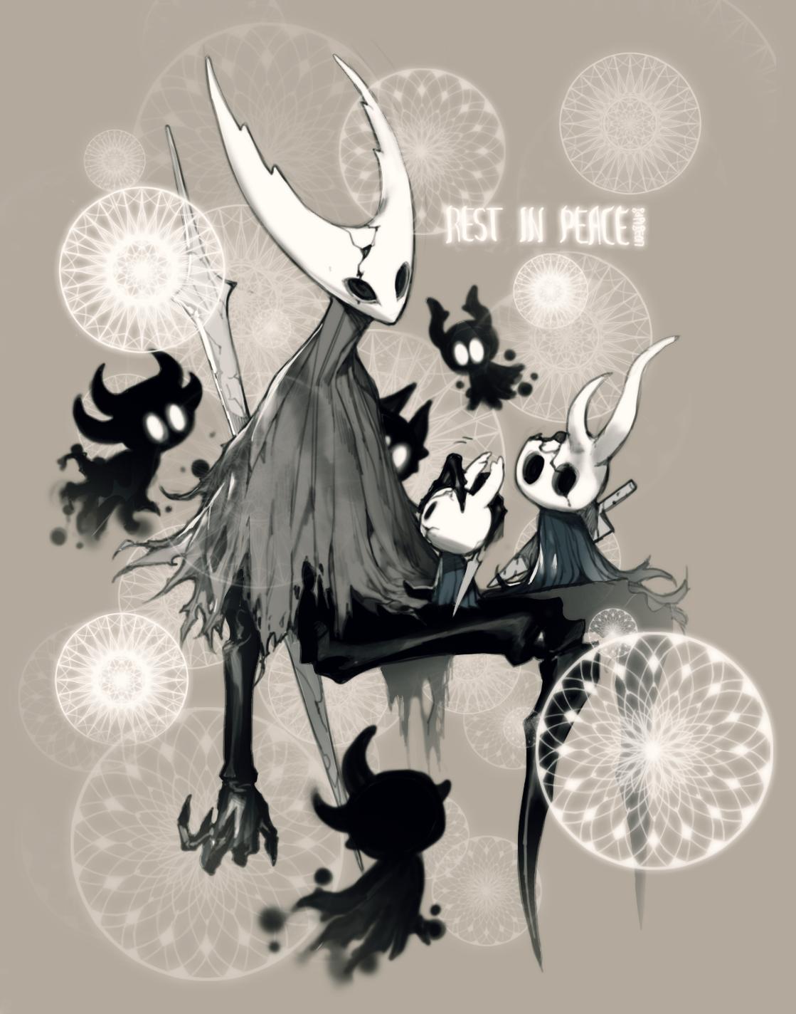 6+others cracked_mask ghost grey_background highres hollow_eyes hollow_knight hollow_knight_(character) horns invisible_chair knight_(hollow_knight) looking_at_viewer mask multiple_others pigeon666 rest_in_peace_(phrase) shade_(hollow_knight) sitting spoilers sword weapon