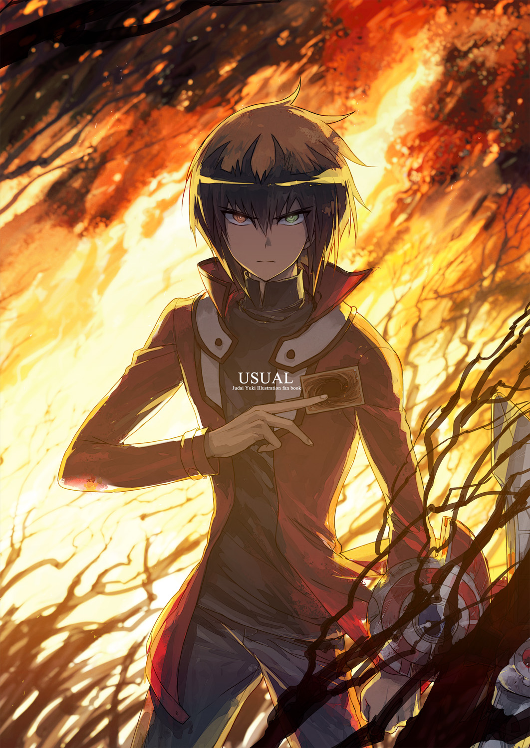 1boy bangs black_shirt brown_hair card closed_mouth commentary_request cowboy_shot duel_academy_uniform_(yu-gi-oh!_gx) duel_disk english_text eyebrows_visible_through_hair fire green_eyes hair_between_eyes heterochromia highres holding holding_card jacket looking_at_viewer male_focus moribuden multicolored_hair open_clothes open_jacket orange_eyes red_jacket school_uniform shirt short_hair smoke solo two-tone_hair yu-gi-oh! yu-gi-oh!_gx yuuki_juudai