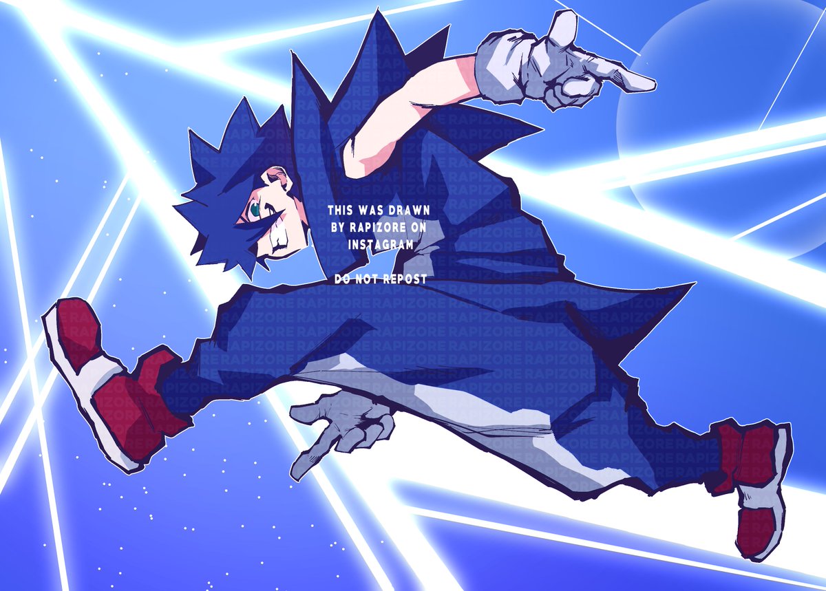 1boy blue_eyes blue_hair blue_theme finger_gun full_body gloves grin humanization jumping looking_at_viewer male_focus pants pose rapizore red_footwear sleeveless smile solo sonic_(series) sonic_adventure sonic_the_hedgehog spiky_hair white_gloves