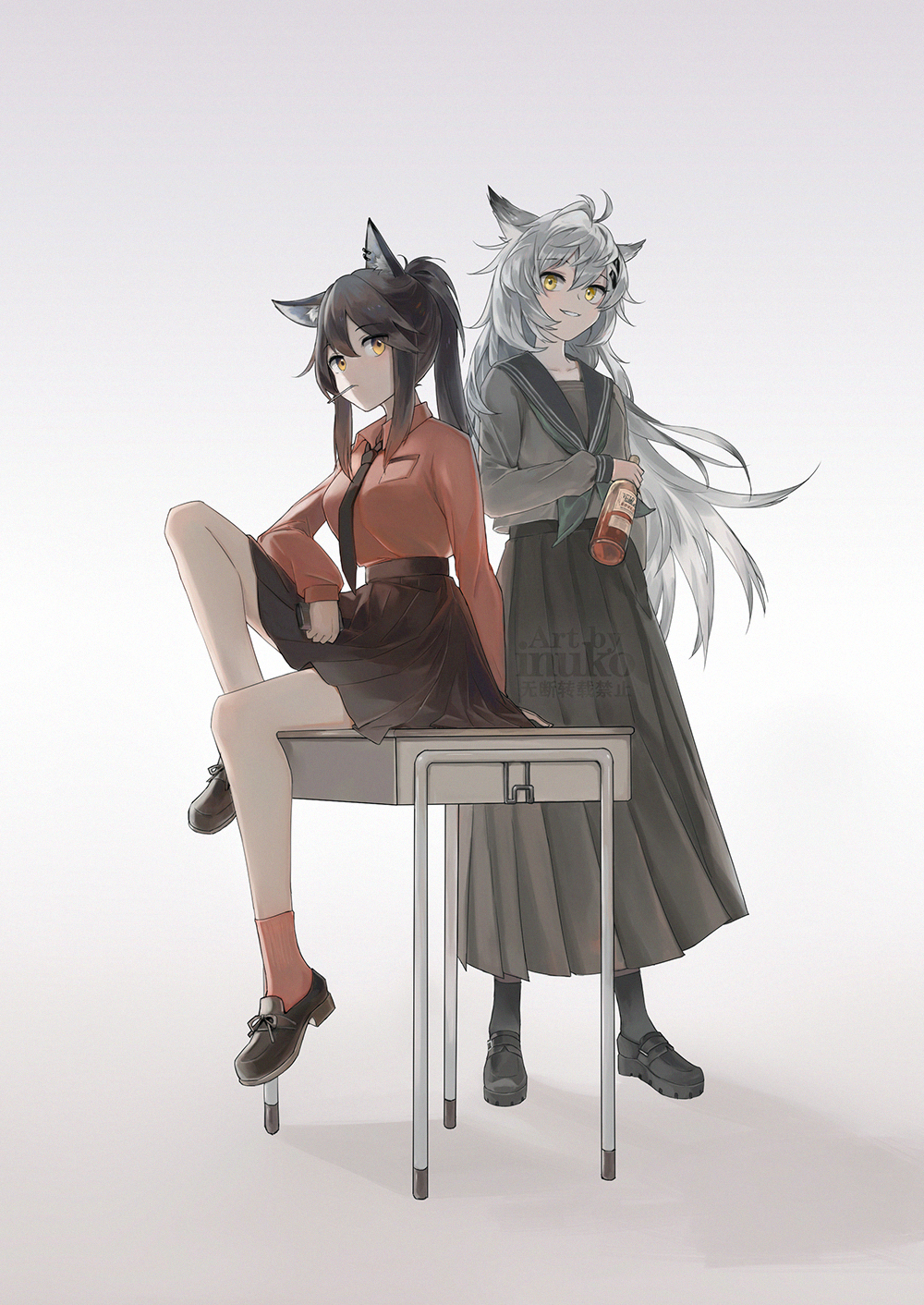 2girls ahoge alternate_costume animal_ears arknights artist_name bangs black_hair black_skirt bottle closed_mouth collared_shirt desk eyebrows_visible_through_hair full_body green_eyes grey_shirt hair_between_eyes highres holding holding_bottle knee_up lappland_(arknights) long_hair long_sleeves looking_at_viewer messy_hair multiple_girls necktie on_desk pleated_skirt sailor_collar shirt shoes sidelocks sitting sitting_on_desk skirt smile standing texas_(arknights) white_background white_hair wolf_ears zhaitengjingcang