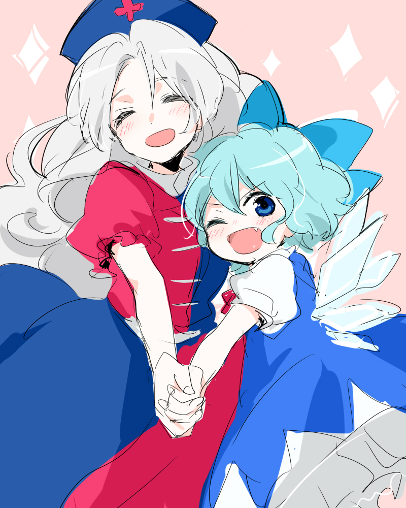 2girls ;d ^_^ ^o^ bangs blue_bow blue_dress blue_eyes blue_hair blue_headwear blush bow cirno closed_eyes collared_dress dot_nose dress eyebrows_visible_through_hair facing_viewer fang feet_out_of_frame frilled_sleeves frills from_side hair_between_eyes hair_bow happy hat height_difference holding_hands interlocked_fingers large_bow long_dress long_hair looking_at_viewer looking_to_the_side machiko_(beard) multicolored multicolored_clothes multicolored_dress multiple_girls no_nose nose_blush nurse_cap one_eye_closed open_mouth outstretched_arm parted_bangs petticoat pinafore_dress pink_background puffy_short_sleeves puffy_sleeves red_dress red_neckwear short_hair short_sleeves silver_hair simple_background sketch smile sparkle sparkle_background standing touhou v-shaped_eyebrows very_long_hair wavy_hair wings yagokoro_eirin |d