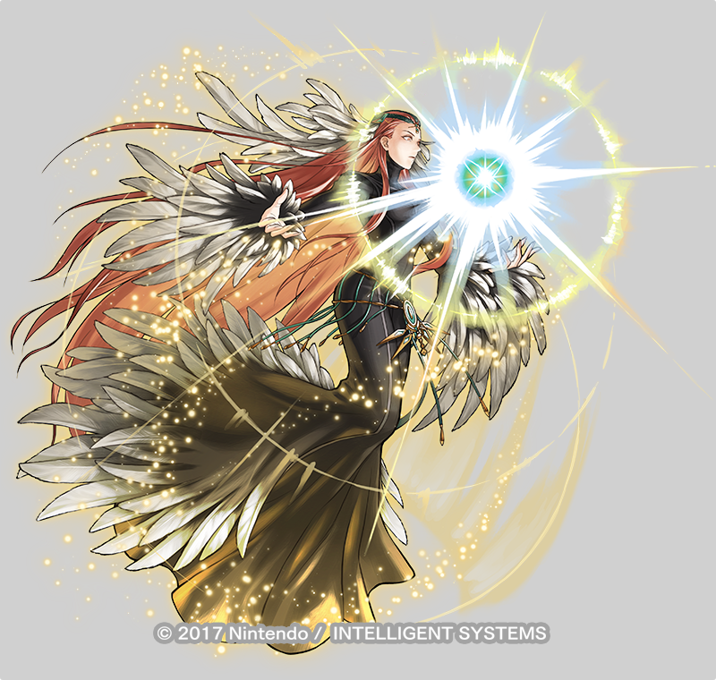1girl ashera_(fire_emblem) attack belly_chain black_dress closed_mouth dress feather_hair_ornament feathers fire_emblem fire_emblem:_radiant_dawn fire_emblem_heroes full_body hair_ornament jewelry kita_senri long_hair magic official_art outstretched_arms red_eyes redhead