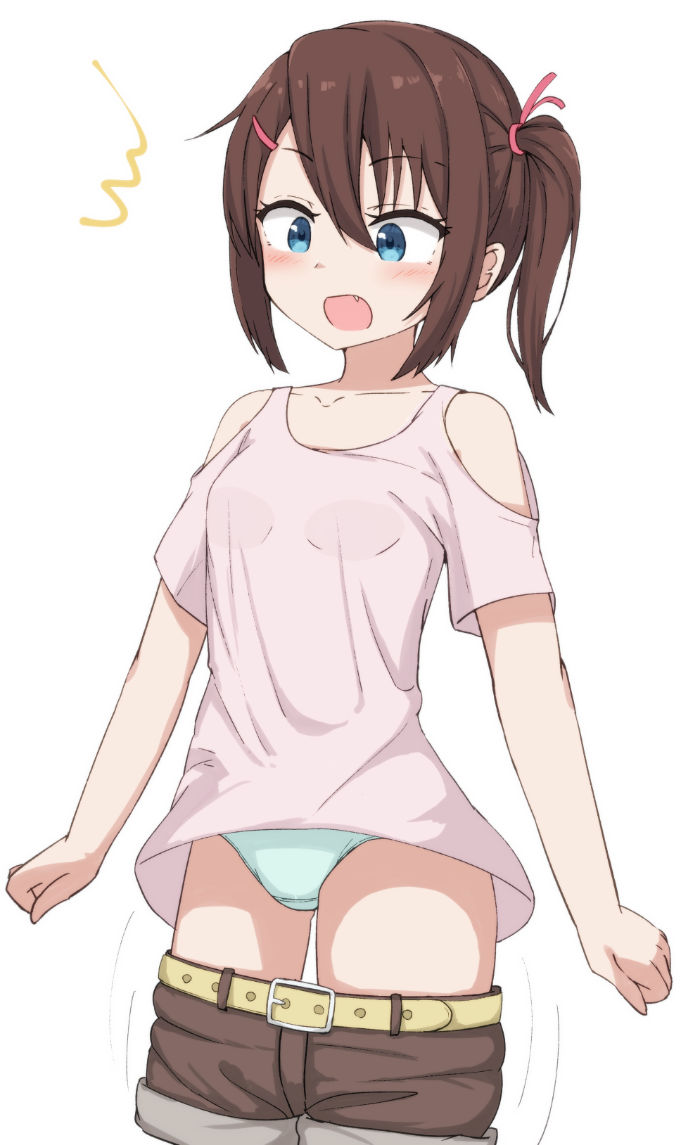 1girl ^^^ bangs bare_shoulders belt_buckle blue_eyes blush breasts brown_hair brown_shorts buckle clothes_pull clothing_cutout eyebrows_visible_through_hair fang green_panties hair_between_eyes hair_ornament hairclip highres hippo_(hirople) looking_away looking_down open_mouth original panties pink_shirt shirt short_shorts short_sleeves shorts shorts_pull shoulder_cutout side_ponytail sidelocks simple_background small_breasts solo underwear wardrobe_malfunction white_background yellow_belt