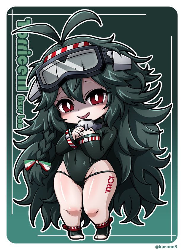 1girl :d antenna_hair azur_lane bangs braid character_name chibi commentary_request copyright_name covered_navel dark_green_hair diving_mask diving_mask_on_head eyebrows_visible_through_hair full_body goggles goggles_on_head green_background green_hair groin hair_between_eyes hands_up kurono leg_tattoo long_hair looking_at_viewer open_mouth red_eyes shaded_face sidelocks simple_background skindentation smile solo standing swimsuit tattoo thick_thighs thigh_tattoo thighs torricelli_(azur_lane) twitter_username very_long_hair wetsuit