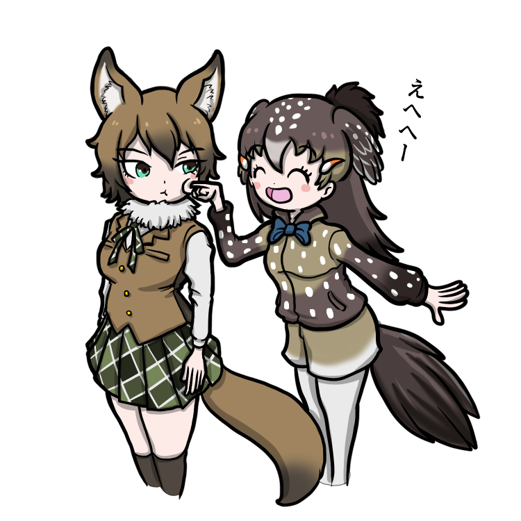 2girls :t ^_^ alternate_design animal_ears aomushi_taro arms_at_sides bird_tail bird_wings blush_stickers bow bowtie breast_pocket brown_hair cheek_poking closed_eyes closed_mouth coyote_(kemono_friends) coyote_ears coyote_tail cropped_legs eyebrows_visible_through_hair facing_another greater_roadrunner_(kemono_friends) green_eyes hair_between_eyes hair_ornament hairclip hand_up head_wings kemono_friends legwear_under_shorts long_hair long_sleeves looking_at_another medium_hair multicolored_hair multiple_girls neck_ribbon open_mouth outstretched_arm outstretched_hand pantyhose pleated_skirt pocket poking ribbon shirt shorts simple_background skirt smile standing tail two-tone_hair vest white_background wings |d