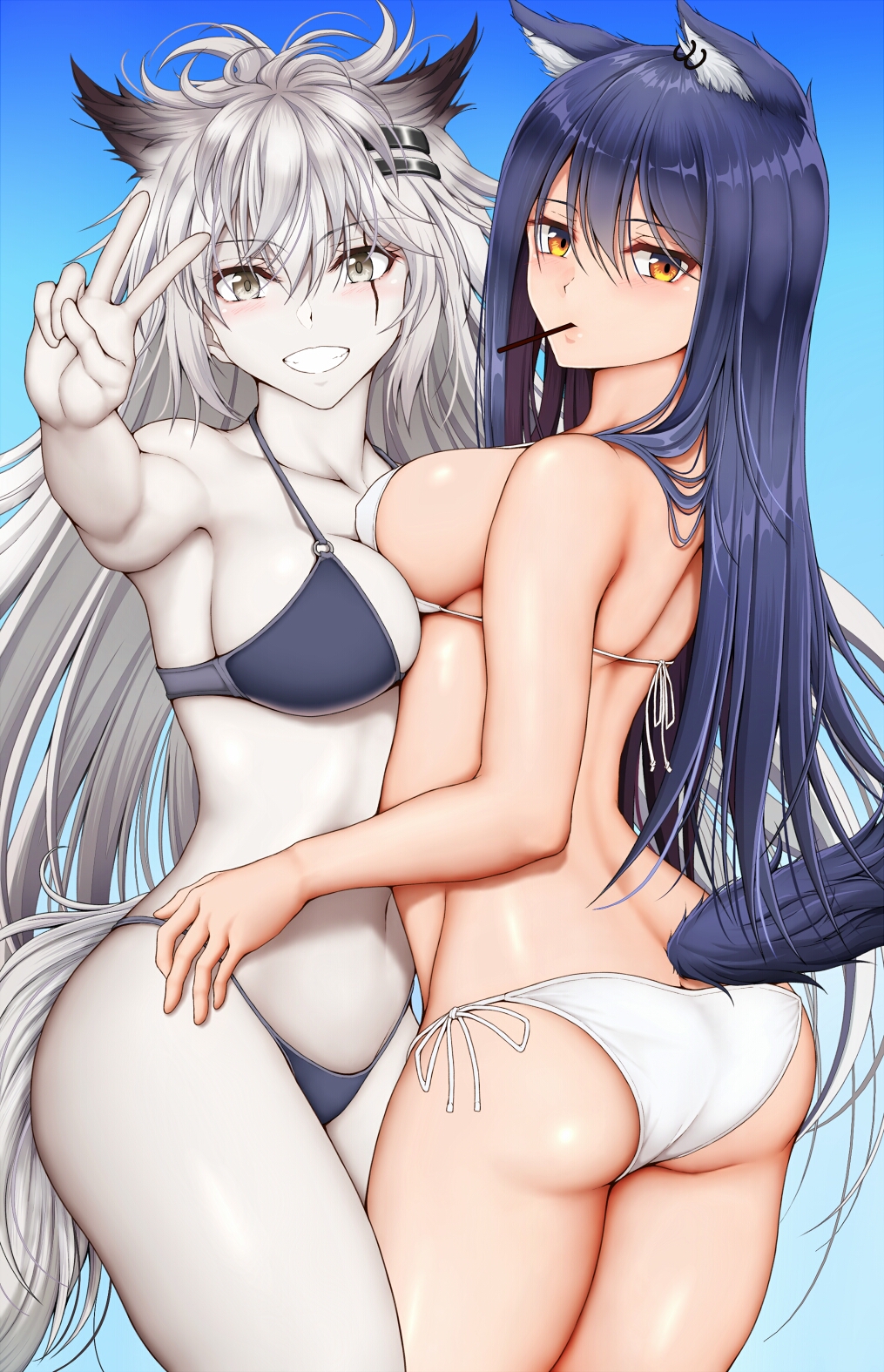 2girls :d animal_ear_fluff animal_ears arknights arm_up ass asymmetrical_docking back bangs bikini black_bikini blue_background blush breast_press breasts collarbone cowboy_shot earrings eyebrows_visible_through_hair food food_in_mouth gradient gradient_background grin hair_ornament hairclip hamaguri_(hamaguri1234) highres jewelry lappland_(arknights) long_hair looking_at_viewer looking_back medium_breasts messy_hair mouth_hold multiple_girls navel open_mouth outstretched_arm pale_skin pocky ribbon scar scar_across_eye scar_on_face side-tie_bikini sideboob smile strap_gap swimsuit tail teeth texas_(arknights) v very_long_hair white_bikini white_ribbon wolf_ears wolf_girl wolf_tail