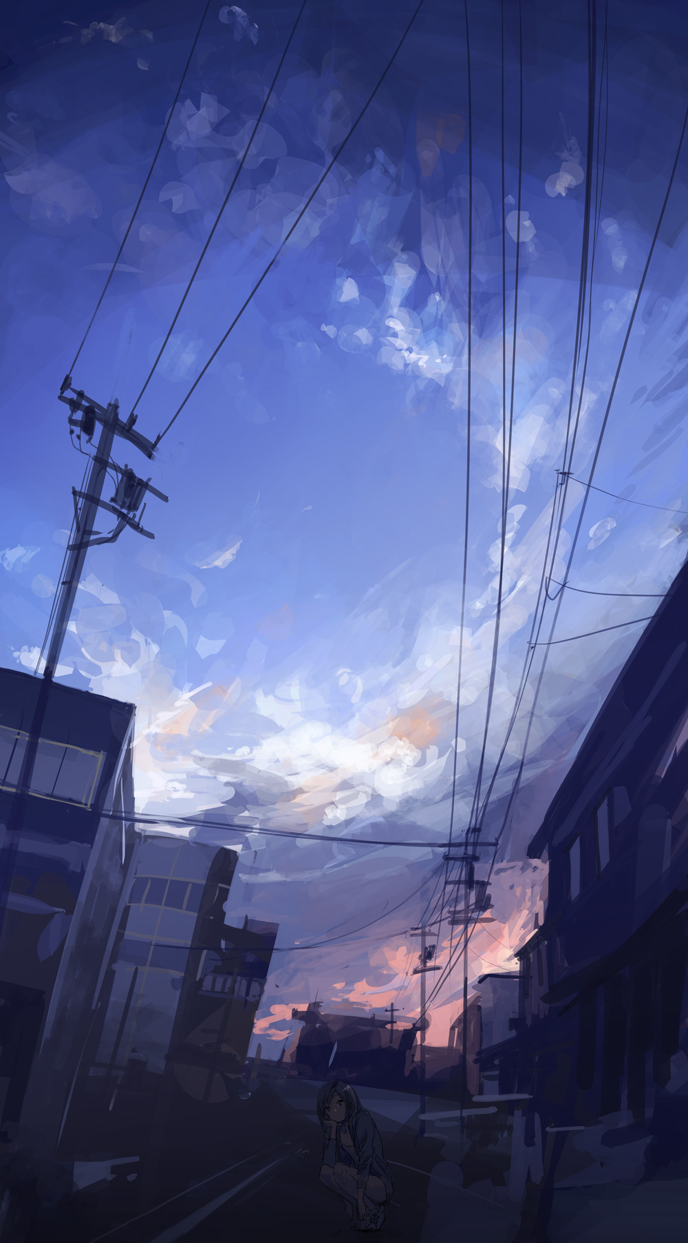 1girl black_hair black_hoodie building closed_mouth clouds cloudy_sky commentary_request full_body head_rest highres hood hoodie looking_at_viewer moribuden original outdoors power_lines scenery short_hair sky solo squatting sunset utility_pole