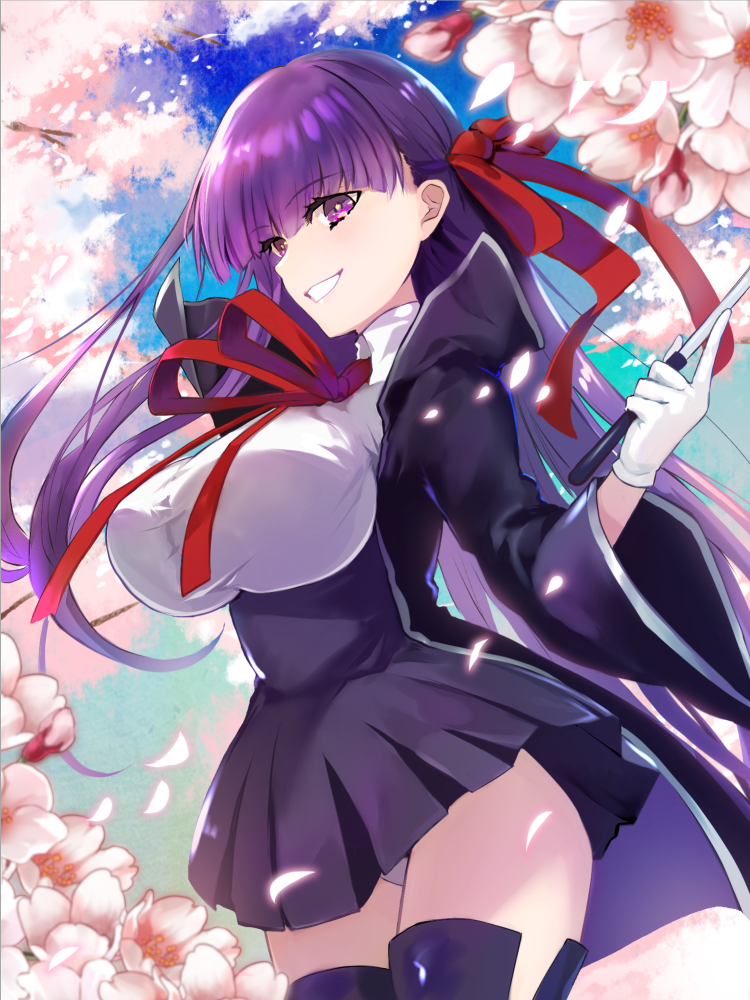 1girl bangs bb_(fate) bb_(fate)_(all) black_coat black_skirt blue_sky blush breasts chakku_kanda cherry_blossoms coat fate/extra fate/extra_ccc fate_(series) gloves grin hair_ribbon high-waist_skirt large_breasts leotard long_hair long_sleeves looking_at_viewer neck_ribbon open_clothes open_coat petals popped_collar purple_hair red_ribbon ribbon skirt sky smile solo thighs very_long_hair violet_eyes wand white_gloves white_leotard wide_sleeves