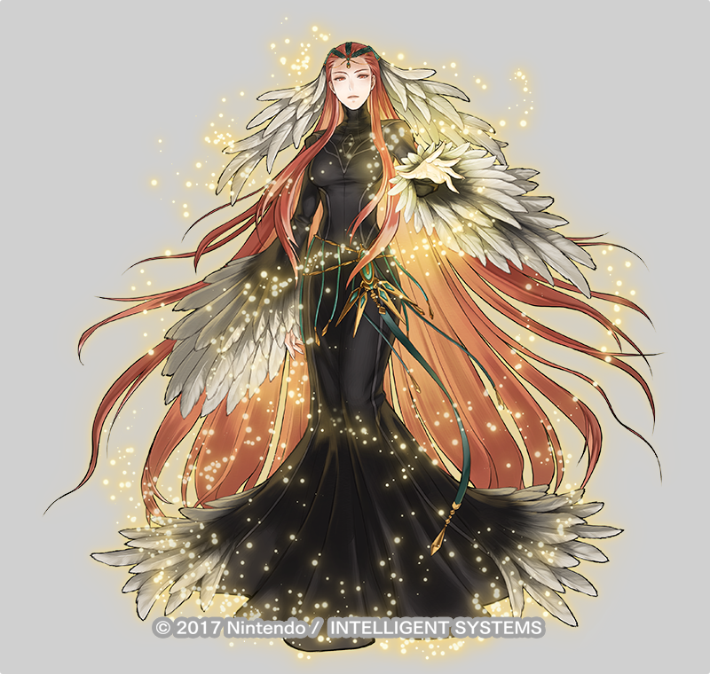 1girl ashera_(fire_emblem) belly_chain black_dress closed_mouth dress feather_hair_ornament feathers fire_emblem fire_emblem:_radiant_dawn fire_emblem_heroes full_body hair_ornament jewelry kita_senri long_hair looking_at_viewer magic official_art outstretched_arm red_eyes redhead solo very_long_hair