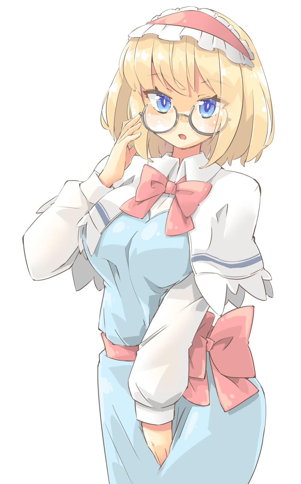 1girl alice_margatroid arnest bangs bespectacled blonde_hair blue_dress blue_eyes bow breasts dress eyebrows_visible_through_hair glasses hair_between_eyes hairband hand_on_eyewear hand_up highres long_sleeves looking_at_viewer medium_breasts open_mouth red_bow red_hairband red_neckwear short_hair simple_background solo touhou white_background white_sleeves