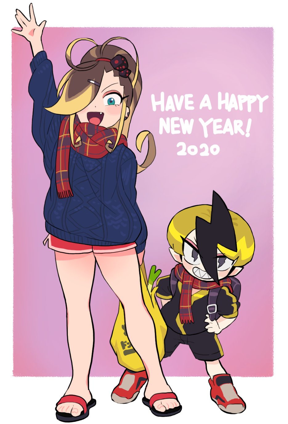 1boy 1girl 2020 aqua_eyes arm_up backpack bag bare_legs black_shirt black_shorts blonde_hair blue_sweater blush brown_hair english_text fang gashi-gashi grey_eyes hair_ornament hair_over_one_eye hairclip happy_new_year highres knit_sweater looking_at_viewer new_year open_mouth original plaid plaid_scarf ponytail purple_background red_footwear red_scarf red_shorts sandals scarf shirt shoes shorts smile spring_onion sweater