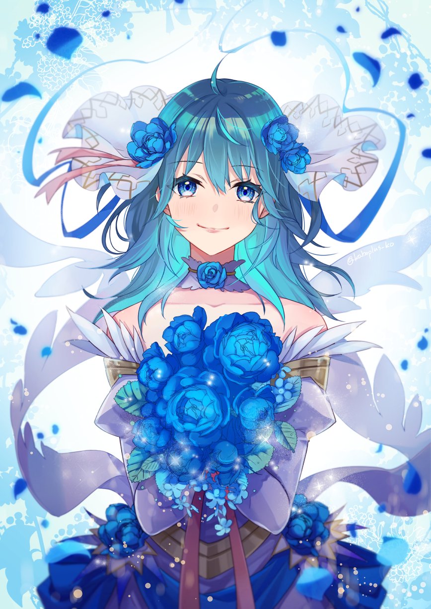 1girl ahoge alternate_costume bare_shoulders blue_eyes blue_flower blue_hair blue_rose blush bouquet bridal_veil bride bride_(fire_emblem) byleth_(fire_emblem) byleth_eisner_(female) choker closed_mouth collarbone commentary detached_sleeves dress english_commentary eyebrows_visible_through_hair fire_emblem fire_emblem:_three_houses flower hair_between_eyes highres holding holding_bouquet ichino_tomizuki lips long_hair looking_at_viewer petals rose smile solo veil wedding_dress white_dress