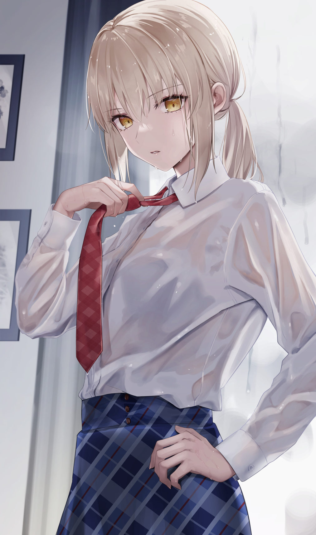 1girl artoria_pendragon_(all) blonde_hair blue_skirt collared_shirt curtains fate/grand_order fate_(series) hand_on_hip highres indoors long_sleeves looking_at_viewer meltymaple necktie plaid plaid_neckwear plaid_skirt red_neckwear saber_alter shirt skirt solo wet wet_clothes wet_shirt white_shirt window yellow_eyes