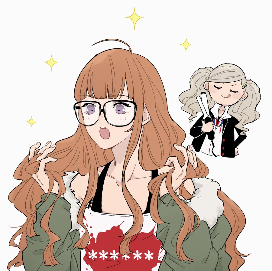 2girls :o ahoge alternate_hairstyle arm_up arms_up awestruck bangs black_jacket black_tank_top black_vest blazer blonde_hair blunt_bangs blush blush_stickers chibi closed_eyes coat eyebrows_visible_through_hair fur-trimmed_coat fur_trim glasses green_coat hair_ornament hairclip hand_on_hip hands_in_hair hands_up happy holding holding_hair hood hood_down hooded_coat hooded_jacket jacket long_hair long_sleeves multiple_girls off-shoulder_shirt off_shoulder open_mouth orange_hair persona persona_5 sakura_futaba shirt shuujin_academy_uniform simple_background smile star_(symbol) swept_bangs t-shirt takamaki_anne tank_top teeth thumbs_up tongue tongue_out twintails user_uwjk7322 v_arms vest violet_eyes wavy_hair white_background white_jacket white_shirt