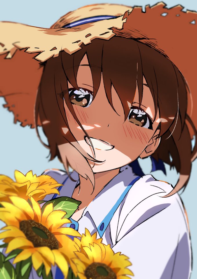 1girl blue_sky blurry blush brown_eyes brown_hair collared_shirt commentary_request flower hagiwara_yukiho hat idolmaster idolmaster_(classic) leaf looking_at_viewer open_mouth outdoors shirt short_hair sky smile solo straw_hat sunflower teeth upper_body white_shirt yoko.u