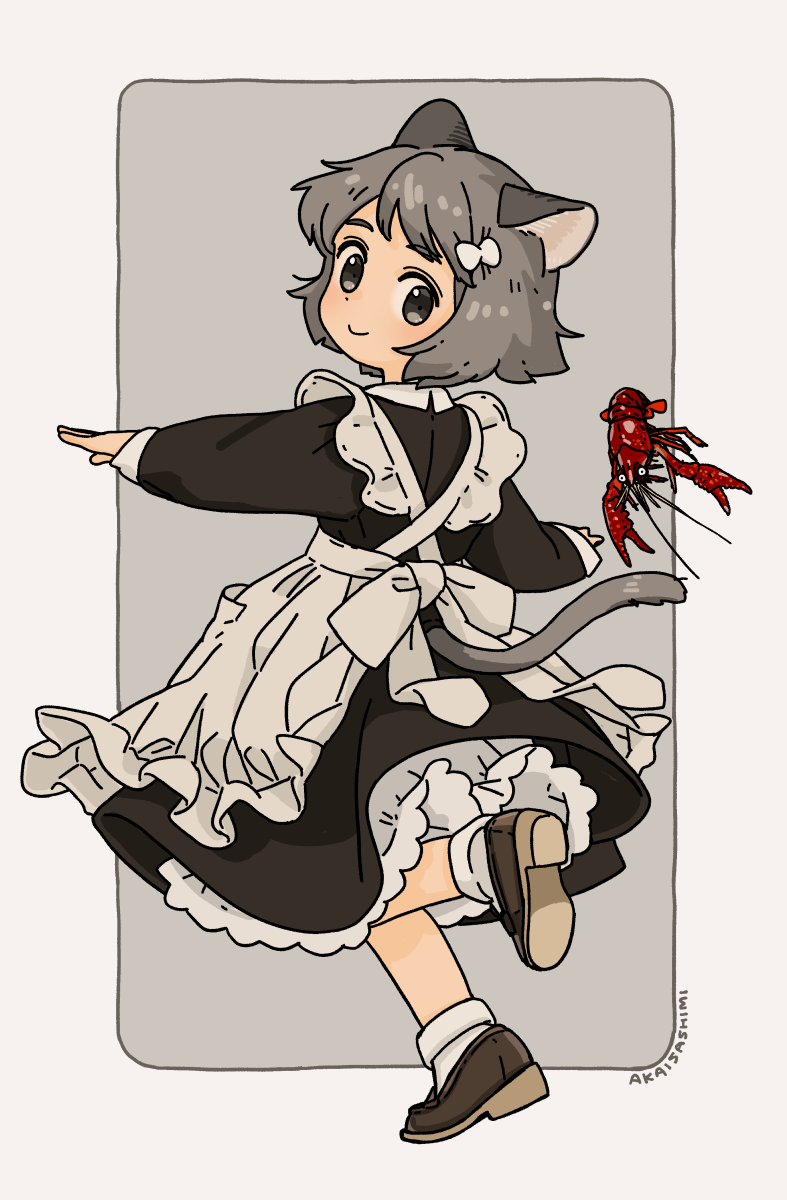 1girl akai_sashimi animal_ears apron black_dress border brown_footwear cat_ears cat_girl cat_tail commentary_request crayfish dress from_behind full_body grey_background grey_eyes grey_hair highres leg_up lobster maid maid_apron original outside_border outstretched_arms shoes short_hair signature simple_background smile socks solo spread_arms standing tail white_border