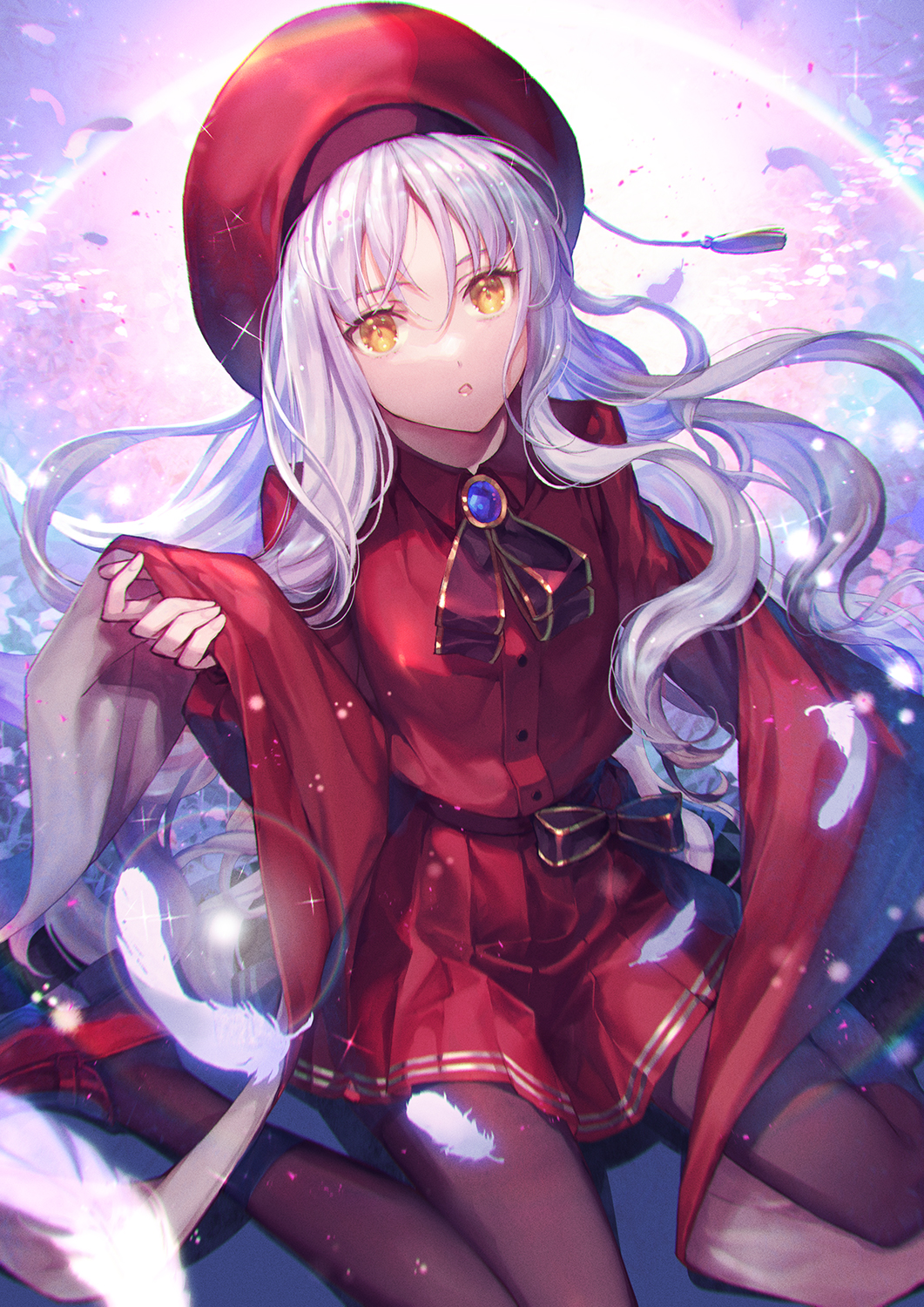 1girl bangs beret black_legwear breasts brooch caren_hortensia caren_hortensia_(amor_caren) dress fate/grand_order fate_(series) feathers furikawa_arika hat highres jewelry long_hair long_sleeves looking_at_viewer medium_breasts neck_ribbon pantyhose red_dress red_headwear ribbon shawl sitting solo thighs wariza wavy_hair white_hair yellow_eyes