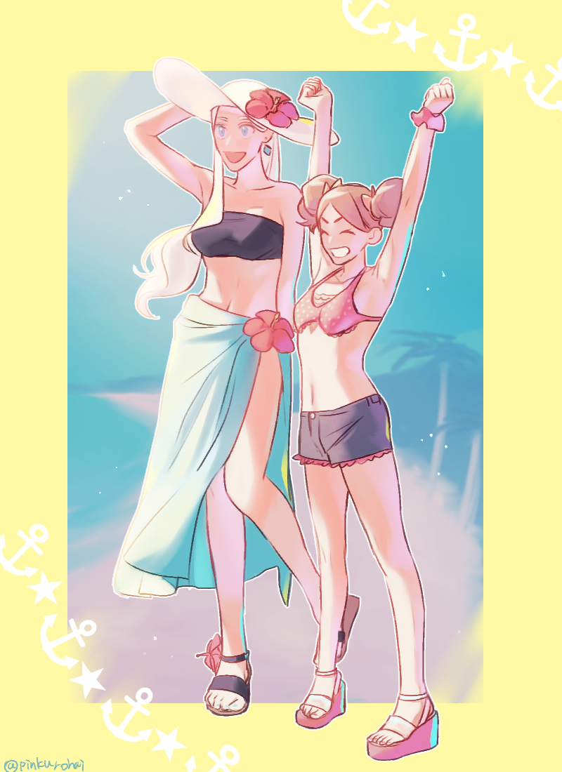 2girls :d arm_up arms_up bare_legs bare_shoulders beach bikini blue_eyes blue_shorts blurry border breasts brown_hair closed_eyes collarbone day depth_of_field diamond_earrings earrings eyebrows flower front-tie_bikini front-tie_top full_body grin haiba_arisa haikyuu!! happy hat hat_flower height_difference jewelry long_hair looking_to_the_side medium_breasts midriff multiple_girls navel ocean open_mouth outside_border palm_tree pinkurohai polka_dot polka_dot_bikini red_flower sandals sarong scrunchie shorts smile standing stomach summer sunlight swimsuit teeth toes tongue tree twintails twitter_username water wedge_heels white_hair white_headwear white_sarong yamamoto_akane yellow_border