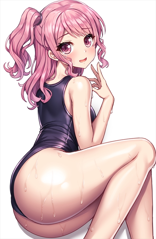 1girl ass bang_dream! bangs bare_arms bare_legs bare_shoulders blue_swimsuit blush eyebrows_visible_through_hair feet_out_of_frame hand_up lambda_(kusowarota) looking_at_viewer looking_back lying maruyama_aya medium_hair on_side one-piece_swimsuit one_side_up open_mouth pink_eyes pink_hair school_swimsuit shiny shiny_hair sidelocks simple_background smile solo swimsuit water_drop wet white_background