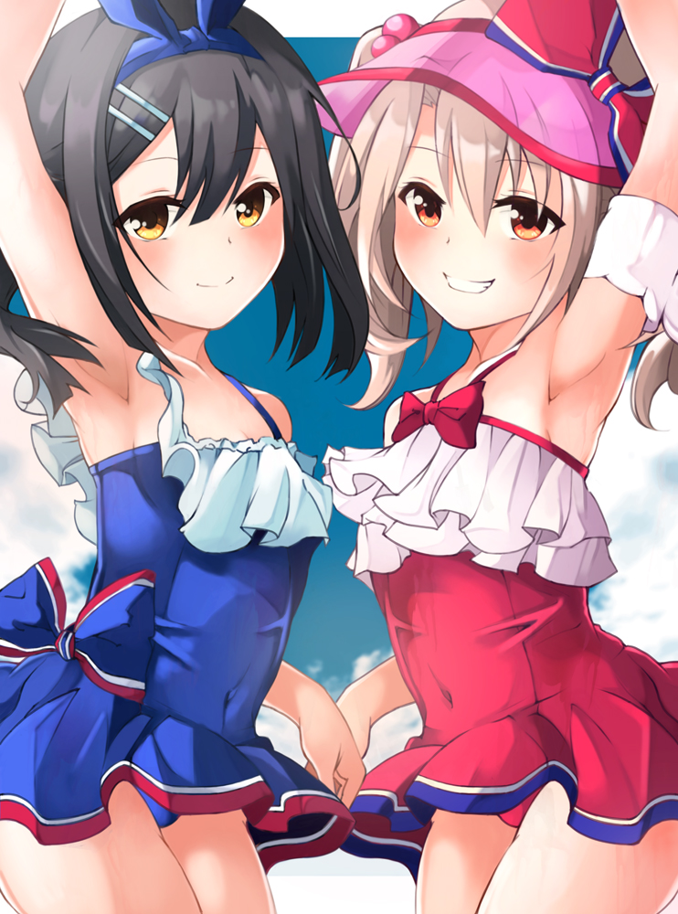 2girls arm_up armpits bangs bare_shoulders black_hair blue_swimsuit blush bow breasts brown_eyes cape collarbone cosplay covered_navel dress_swimsuit fate/grand_order fate/kaleid_liner_prisma_illya fate_(series) grin illyasviel_von_einzbern illyasviel_von_einzbern_(swimsuit_archer)_(fate) illyasviel_von_einzbern_(swimsuit_archer)_(fate)_(cosplay) inflatable_armbands long_hair looking_at_viewer miyu_edelfelt mochi_(k620803n) multiple_girls one-piece_swimsuit orange_eyes pink_cape red_bow red_eyes red_swimsuit small_breasts smile star_(symbol) star_print swimsuit thighs twintails visor_cap white_hair