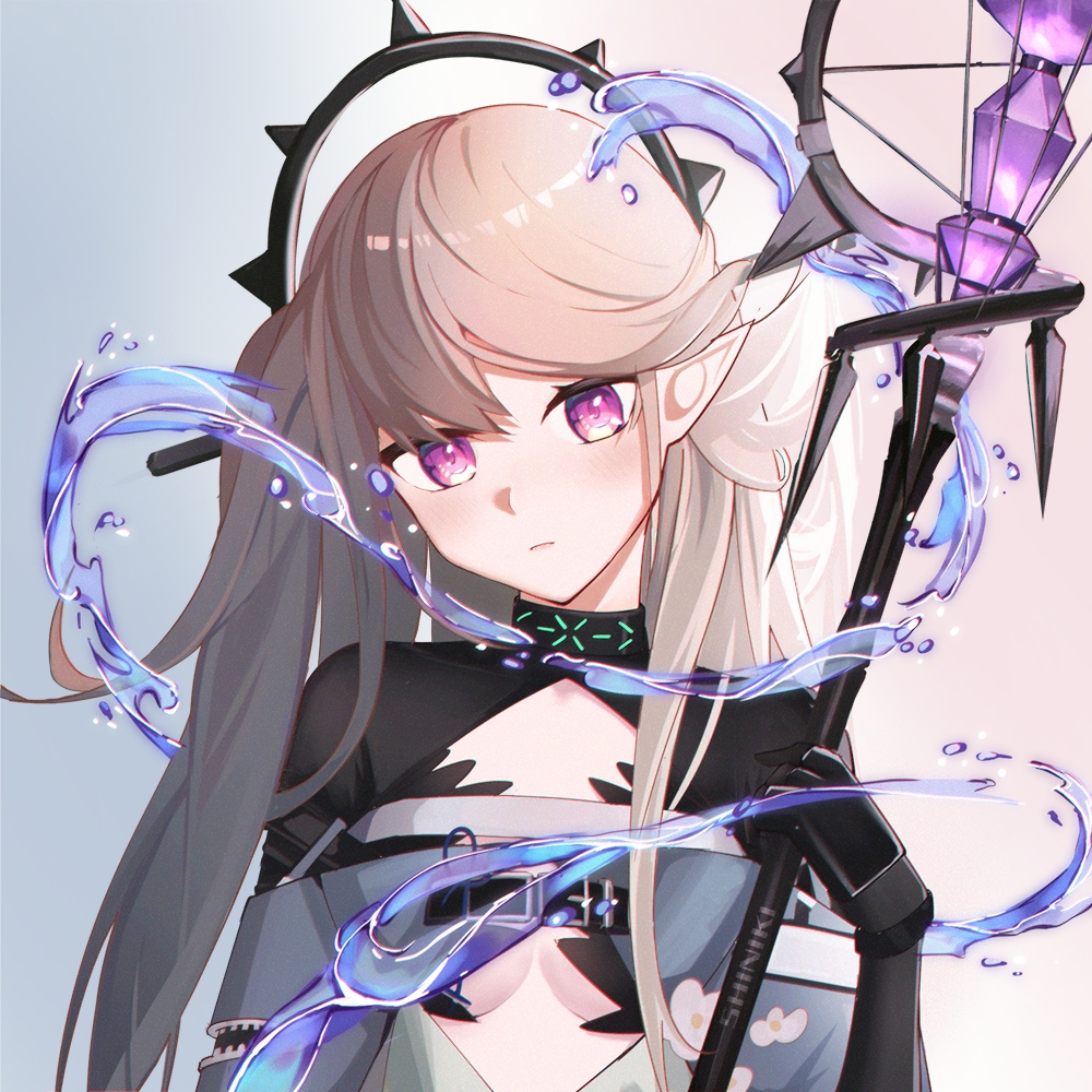 1girl arknights bangs black_gloves blue_eyes choker closed_mouth gloves grey_hair hand_up holding holding_staff indigo_(arknights) long_hair long_sleeves looking_at_viewer pointy_ears solo staff upper_body water white_background zoffyshiniki