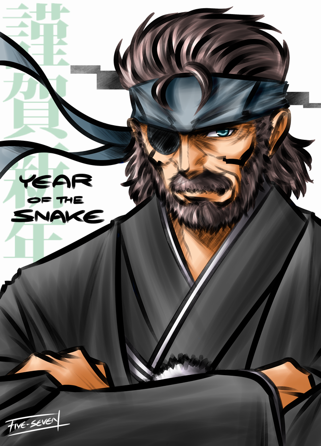 1boy alternate_costume bangs beard big_boss black_headband black_kimono chinese_zodiac closed_mouth commentary_request crossed_arms eyepatch facial_hair five-seven green_eyes headband japanese_clothes kimono male_focus metal_gear_(series) metal_gear_solid_peace_walker mustache namesake scar scar_on_face short_hair signature solo upper_body year_of_the_snake