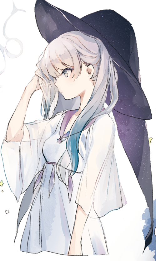 1girl bangs breasts collarbone dress from_side hand_in_hair hand_up hat long_hair looking_away lpip original profile see-through_sleeves short_sleeves sidelocks small_breasts solo star_(symbol) white_background white_dress wide_sleeves witch_hat