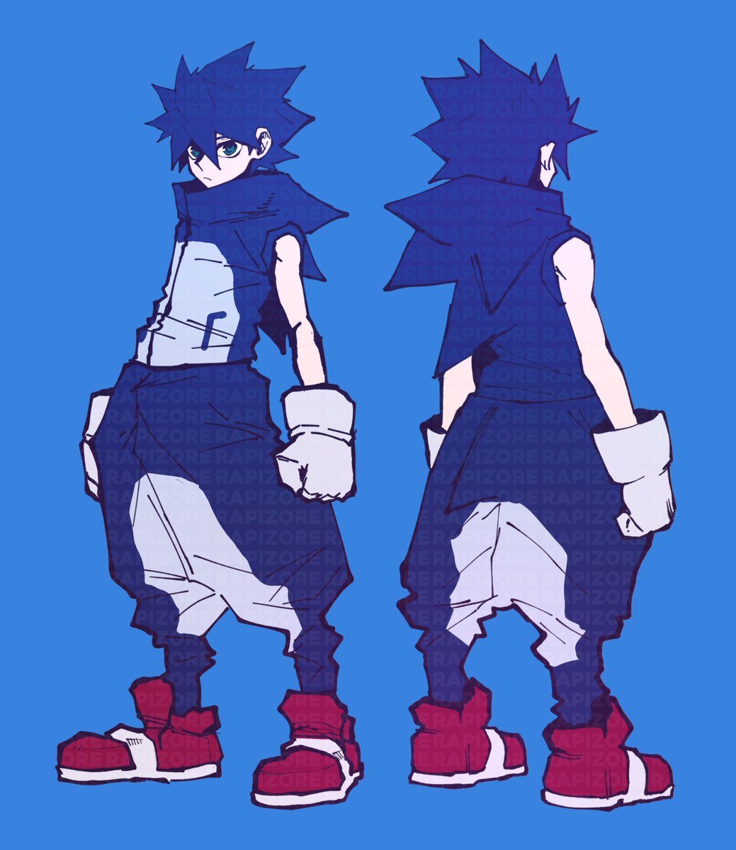 1boy blue_background blue_eyes blue_hair blue_theme closed_mouth from_behind full_body gloves highres hood hood_down humanization looking_at_viewer male_focus multiple_views pants rapizore red_footwear simple_background sleeveless sonic_(series) sonic_the_hedgehog spiky_hair standing white_gloves