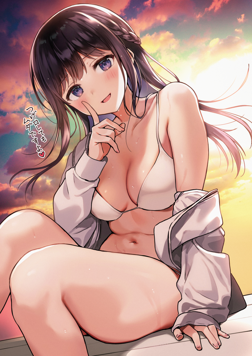 1girl bare_shoulders bikini black_hair braid breasts collarbone highres index_finger_raised jacket long_hair long_sleeves looking_at_viewer medium_breasts navel nishizawa off_shoulder open_clothes open_jacket open_mouth original outdoors sitting smile solo stomach string_bikini swimsuit thighs translated violet_eyes wet white_bikini white_jacket