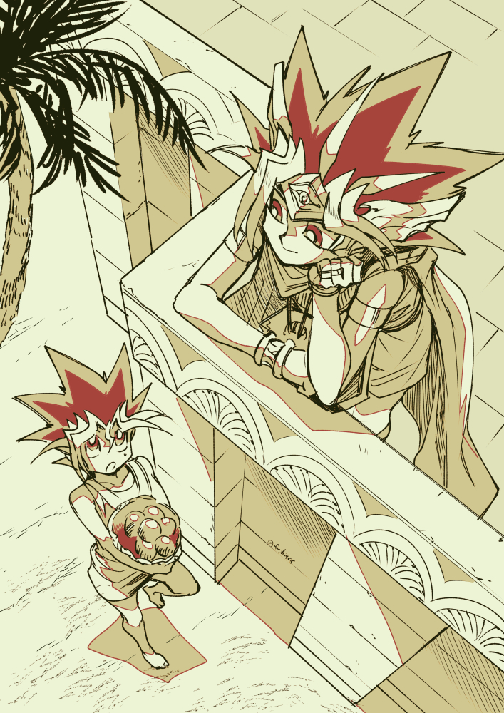 2boys armlet atem bangs basket bracelet cape closed_mouth commentary_request eye_contact from_above fushitasu hair_between_eyes holding jewelry looking_at_another male_focus multiple_boys mutou_yuugi outdoors redhead smile spiky_hair standing sweatdrop tree yu-gi-oh!