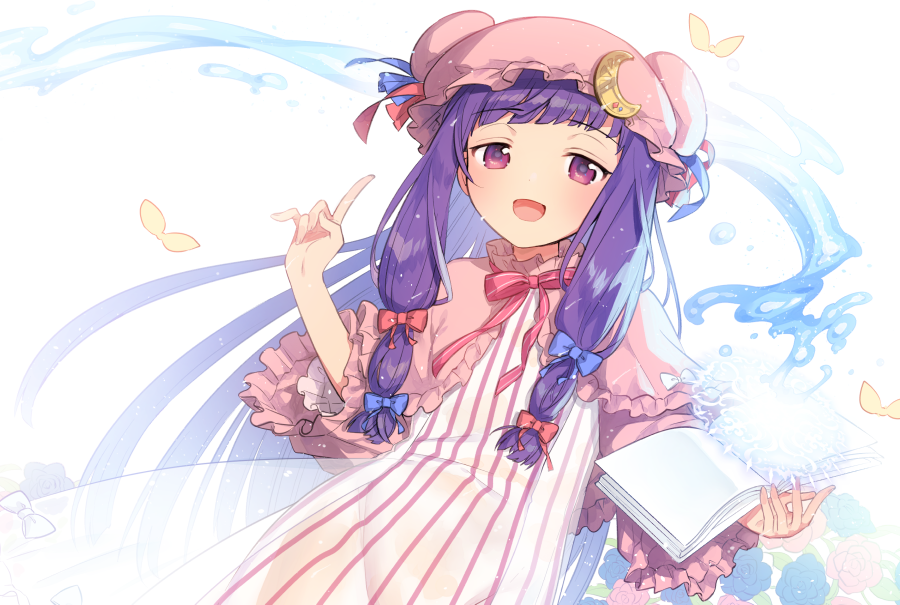 1girl :d bangs blue_bow blunt_bangs book bow capelet commentary_request crescent crescent_hair_ornament crescent_hat_ornament crescent_pin double_bun dress eyebrows_visible_through_hair hair_bow hair_ornament hat hat_ornament hat_ribbon holding holding_book ichihaya long_dress long_hair long_sleeves looking_at_viewer magic mob_cap neck_ribbon open_book open_mouth patchouli_knowledge purple_bow purple_capelet purple_hair purple_headwear red_bow red_neckwear red_ribbon ribbon smile solo striped striped_dress touhou very_long_hair violet_eyes