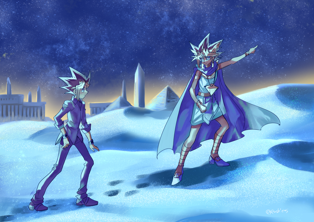 2boys atem cape commentary_request desert egypt egyptian eye_contact footprints fushitasu hand_up jacket looking_at_another male_focus millennium_puzzle multiple_boys mutou_yuugi night outdoors pants pointing pyramid sand shoes sky spiky_hair standing star_(sky) yu-gi-oh!