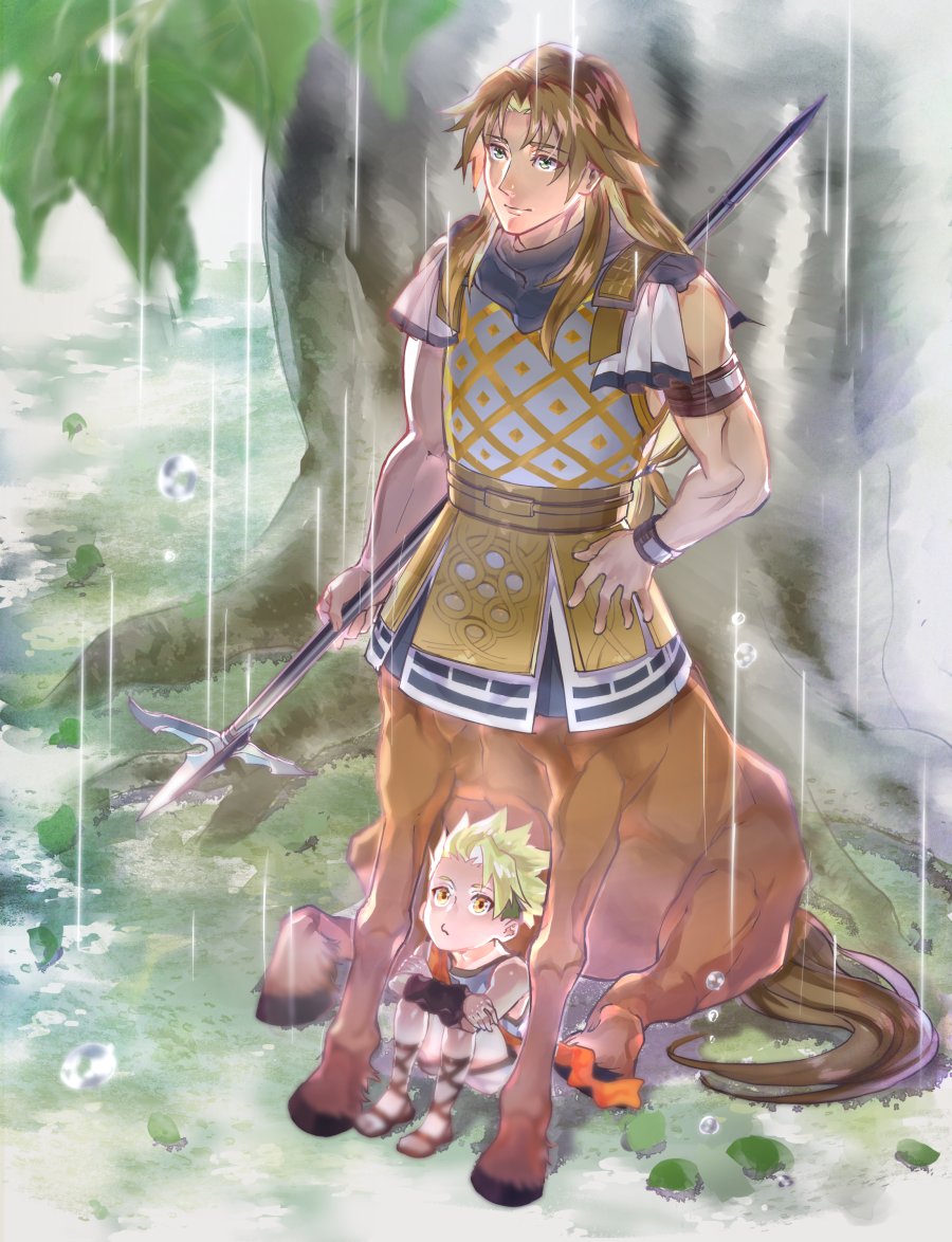 2boys achilles_(fate) aged_down arm_strap armor bangs blue_scarf brown_hair centaur chiron_(fate) chiton curtained_hair fate/grand_order fate_(series) full_body grass green_eyes green_hair hand_on_hip holding holding_polearm holding_weapon knees_up light_smile long_hair looking_up low-tied_long_hair male_focus mayuhiko3310 multiple_boys orange_scarf polearm puckered_lips rain sandals scarf short_hair sitting sleeveless spear taur tree under_tree weapon white_tunic yellow_eyes