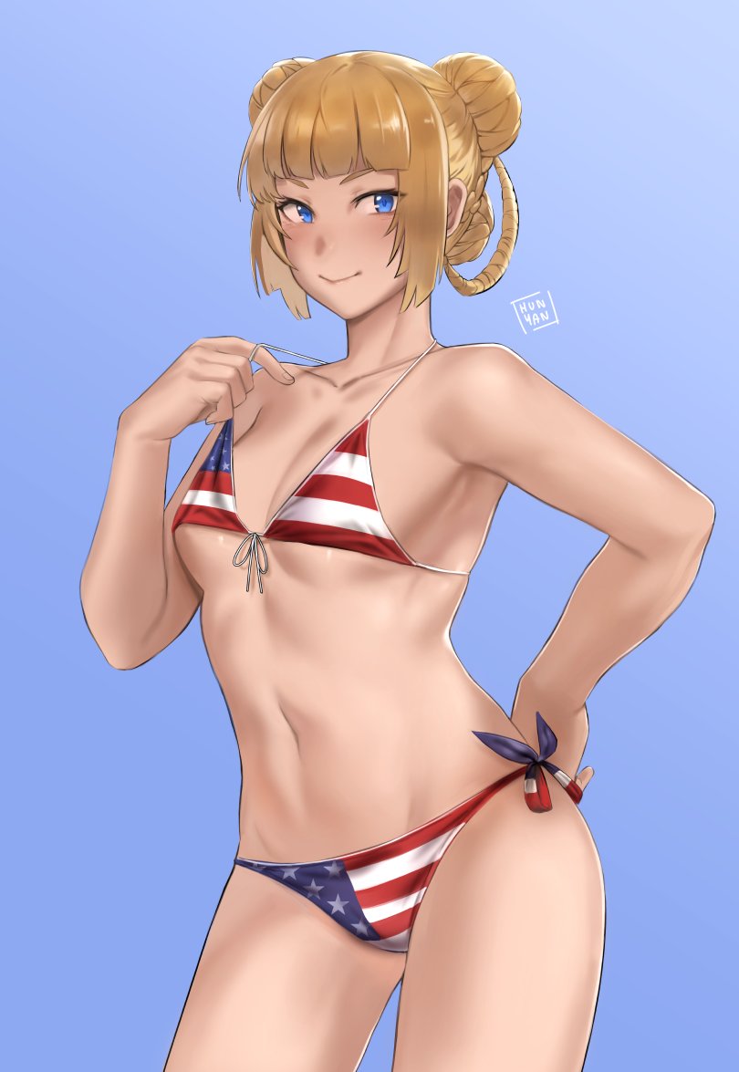 1girl american_flag_bikini analogue:_a_hate_story bangs bikini bikini_pull blonde_hair blue_background blue_eyes blunt_bangs blush braid breasts clothes_pull commission copyright_request cowboy_shot double_bun flag_print gradient gradient_background hand_on_hip hun_yan looking_at_viewer mute_(analogue:_a_hate_story) navel small_breasts smile solo swimsuit under_boob