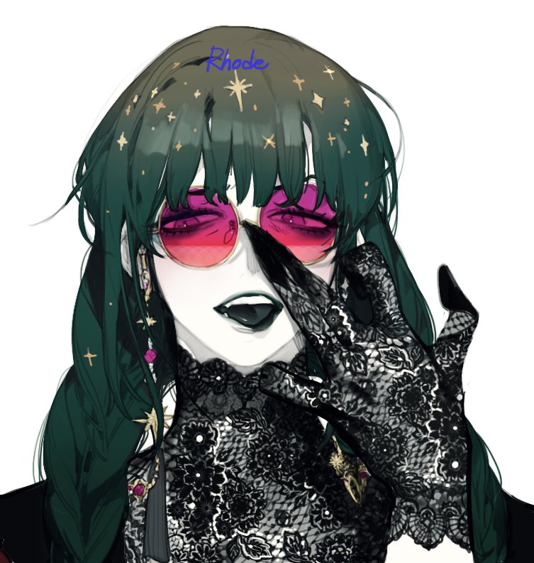 1girl bangs black_tongue blunt_bangs gloves hand_up lace lace_dress lace_gloves long_hair looking_at_viewer original pigeon666 pink-tinted_eyewear portrait redhead round_eyewear simple_background solo sunglasses tongue tongue_out white_background