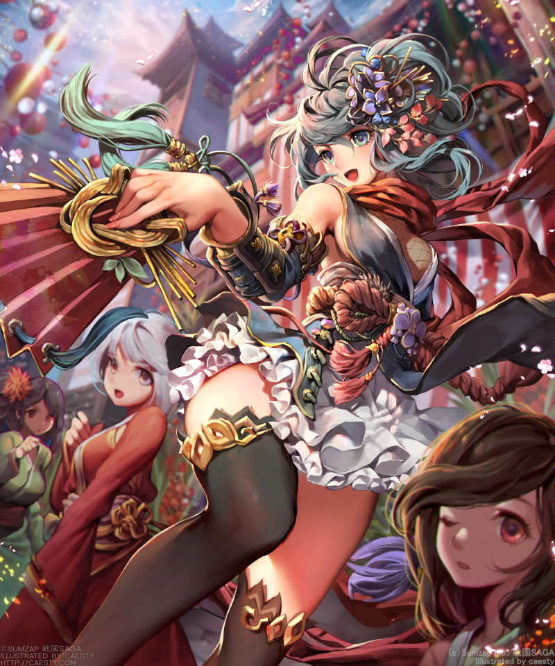 4girls :d aqua_eyes architecture artist_name black_hair black_legwear blurry blurry_background blurry_foreground braid breasts brown_hair caesty character_request commentary_request company_name depth_of_field dress east_asian_architecture flower frilled_skirt frills from_below hair_flower hair_ornament holding japanese_clothes kimono long_hair multiple_girls official_art one_eye_closed open_mouth outdoors red_eyes red_scarf scarf sengoku_saga short_hair sideboob silver_hair skirt smile sword thigh-highs watermark weapon web_address