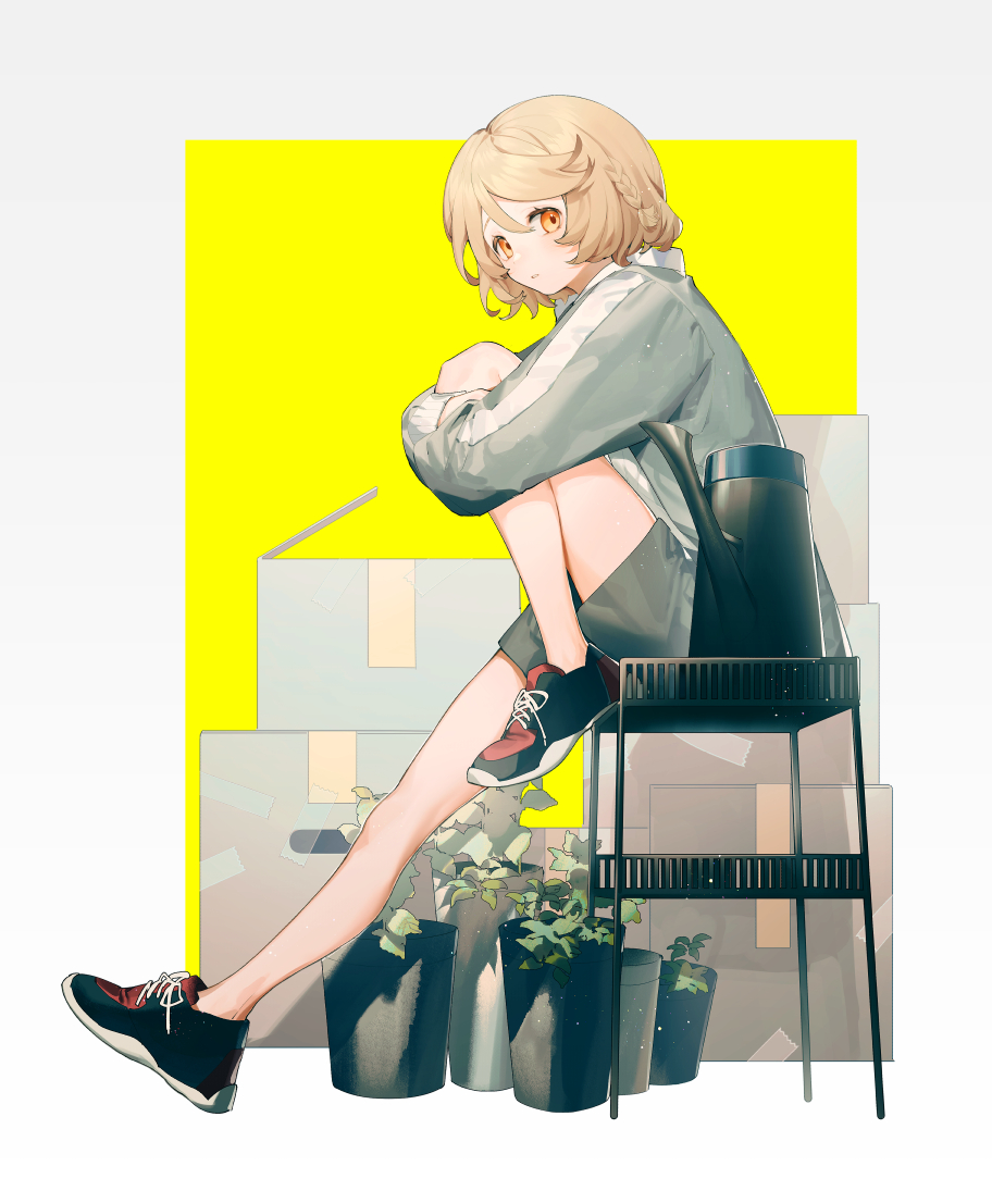 1girl blonde_hair box braid cardboard_box from_side full_body jacket leg_hug legs long_sleeves looking_at_viewer nurse_robot_type_t plant potted_plant shoes short_hair sitting sneakers solo suteinua utau watering_can yellow_eyes