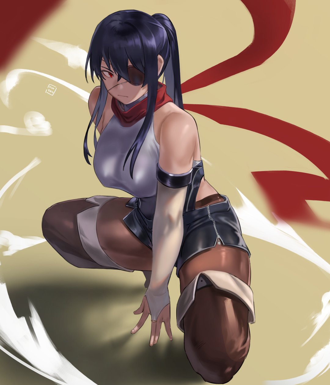 1girl bare_shoulders black_hair black_shorts boots breasts bridal_gauntlets brown_background brown_legwear elbow_gloves expressionless eyepatch gloves highres hun_yan large_breasts legwear_under_shorts long_hair original ponytail red_eyes red_scarf scarf shadow shorts solo thigh-highs thigh_boots white_gloves